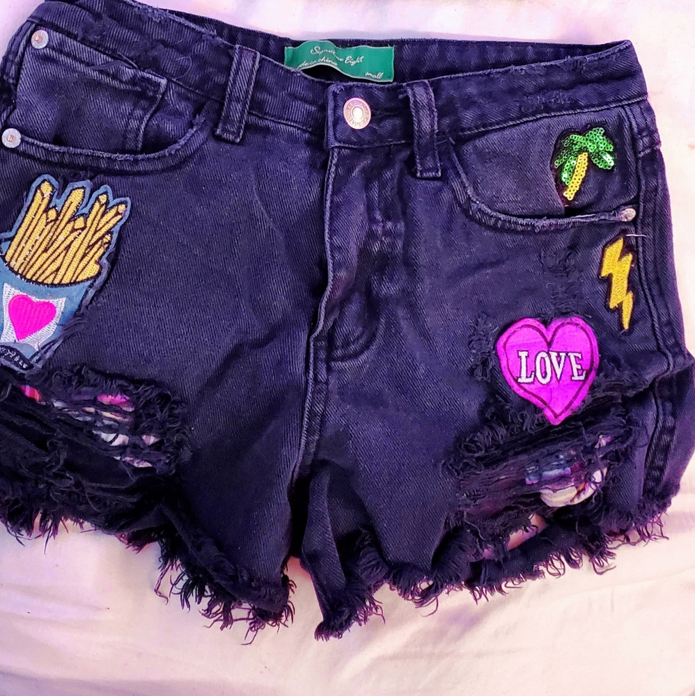 High waisted distressed denim shorts with patches street wear